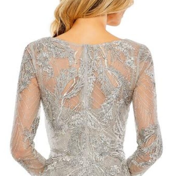 Mac Duggal 20336 Size 8 Silver Embellished Wrap V-Neck 3/4 Sleeve Midi‎ Dress - Picture 7 of 8